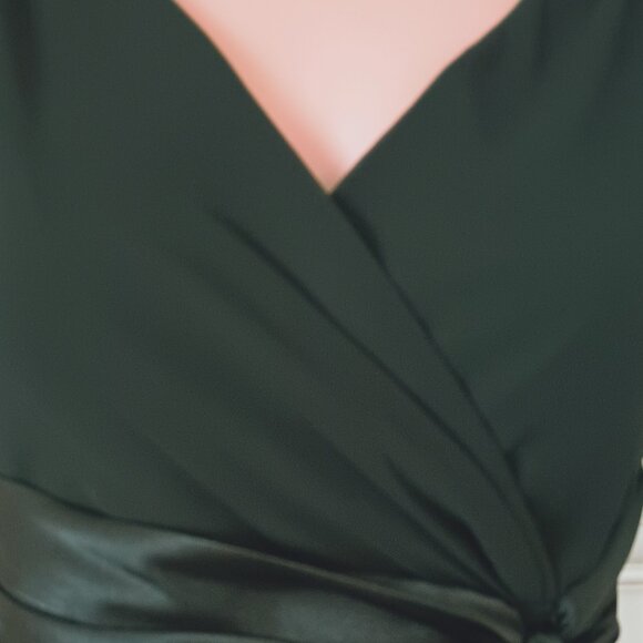 Rena Rowan Midi Cocktail Dress 10 Faux Wrap Black Sheer Chiffon Satin Bow - Picture 3 of 14